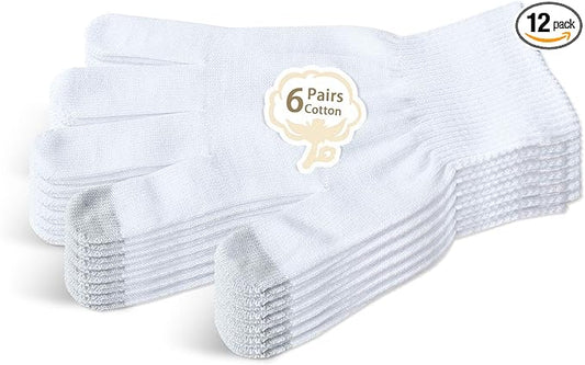 Evridwear Unisex Moisturizing Cotton Gloves with Touchscreen Fingertips for Eczema Beauty Cosmetic Dry Hands Sensitive Irritated Skin Therapy Overnight Bedtime, 6 Pairs, Lightweight-White, XS
