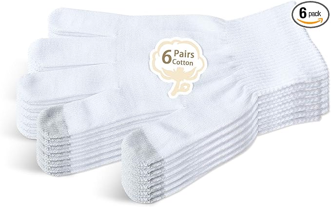 Evridwear Unisex Moisturizing Cotton Gloves with Touchscreen Fingertips for Eczema Beauty Cosmetic Dry Hands Sensitive Irritated Skin Therapy Overnight Bedtime, 6 Pairs, Lightweight-White, L/XL