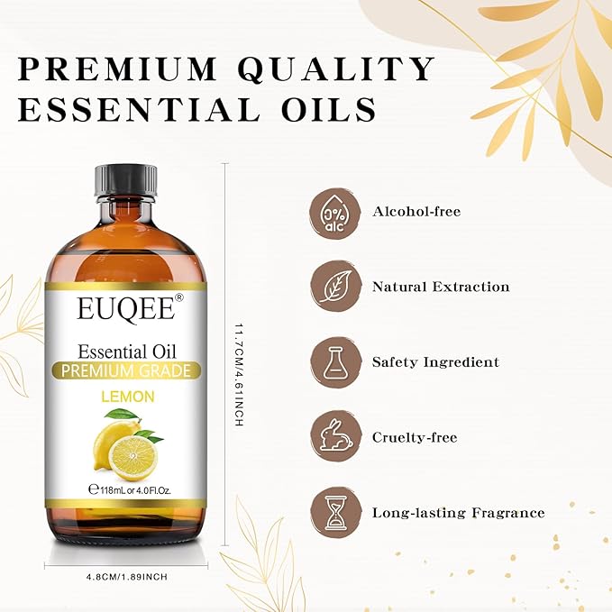 EUQEE Lemon Essential Oil with Glass Dropper, Great for Aromatherapy, DIY Soap, Humidifier, Candle Making(4Fl oz/118mL)