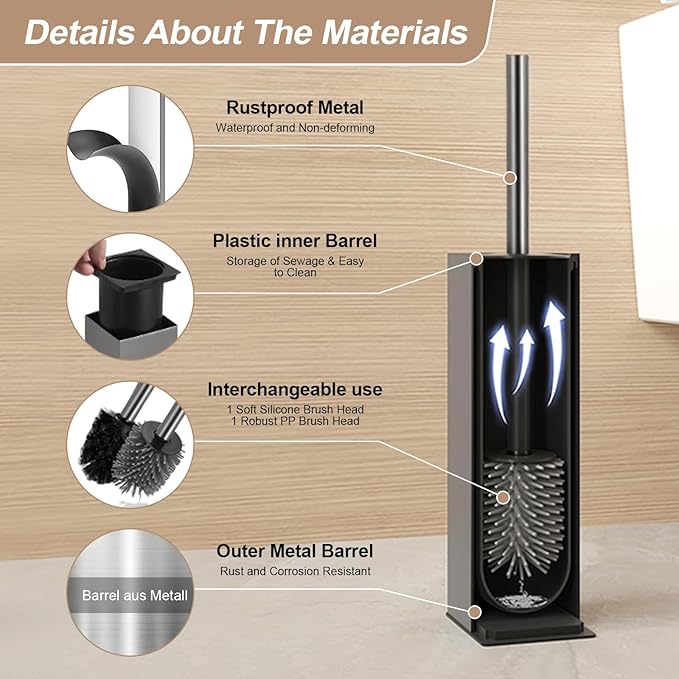 BGL Standing Toilet Brush and Holder GunGrey Aluminium Toilet Bowl Cleaner Brush and Holder for Bathroom Storage and Organization, Square Design Sturdy and Space Saving
