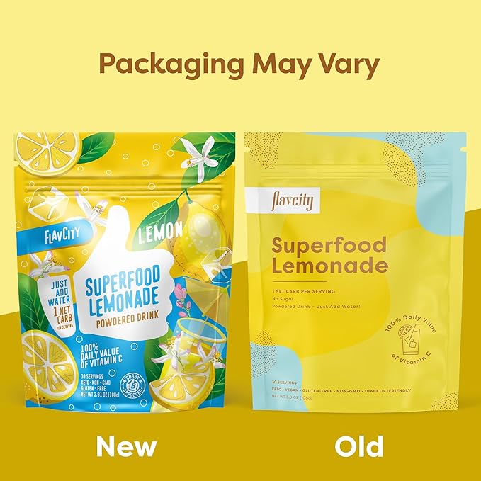 FlavCity Superfood Lemonade Drink Mix - Sugar-Free Lemonade Powder with Real Crystallized Lemon & Organic Acerola - 100% DV Vitamin C - Keto, Gluten-Free, Non-GMO (30 Servings)