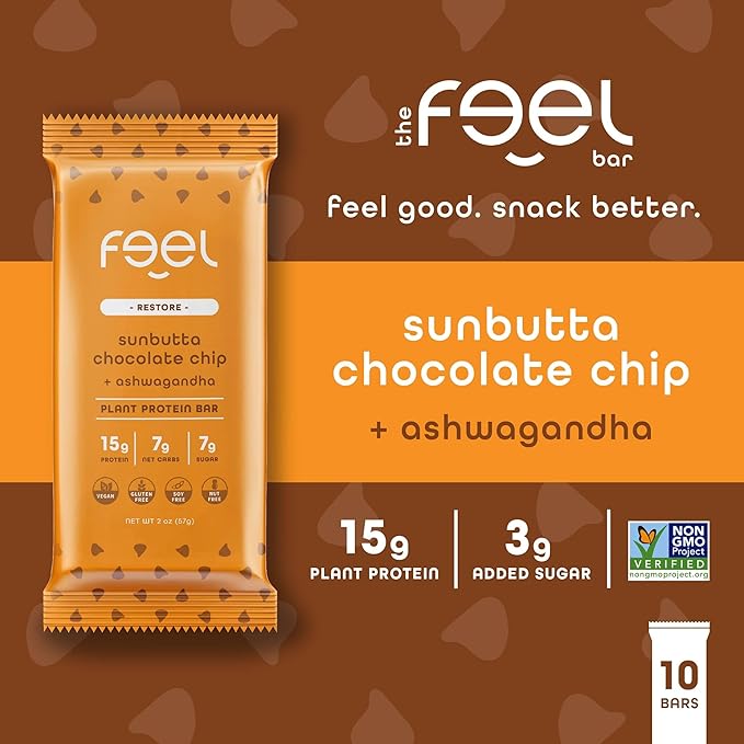 Feel Vegan Protein Bars | Sunbutta Choco Chip | Keto | Gluten Free | Organic | 15g Plant Protein | Low Carb | High Protein | Dairy Free | Low Sugar | Nut, Grain, Soy Free | Non GMO | 10 Pack