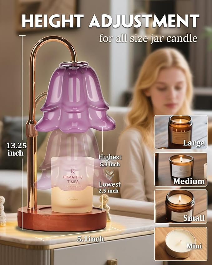 Candle Warmer Lamp with Timer Dimmable, Height Adjustable Birthday Gifts for Women Mom House Warming, Home Decor, Lotus Flower Candle Lamp Warmer 2 Bulbs Inc (Purple-1)