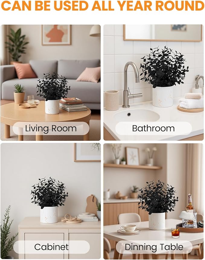 2 Pack Halloween Fake Plants Eucalyptus Potted, Black Artificial Plants, Black Decor for Home Desk Shelf Office Bathroom Coffee Table Halloween Decor