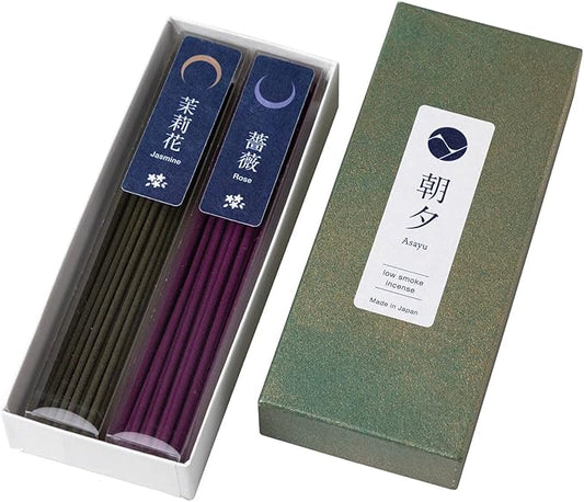 Asayu Japan Low Smoke Incense Sticks - Floral Set (Jasmine + Rose), 40gr (Each Scent 20g), for Yoga, Zen Meditation and Relaxation - Smokeless for Less Irritation