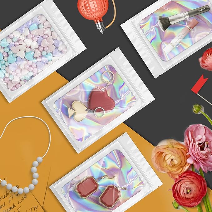 100 Pieces Smell Proof Mylar Bags, Holographic Packaging Bags, Resealable Odor Foil Pouch Zipper Bag with Clear Window for Food Storage and Lipgloss, Jewelry Lash (White, 6.3 x 9.4 Inch)