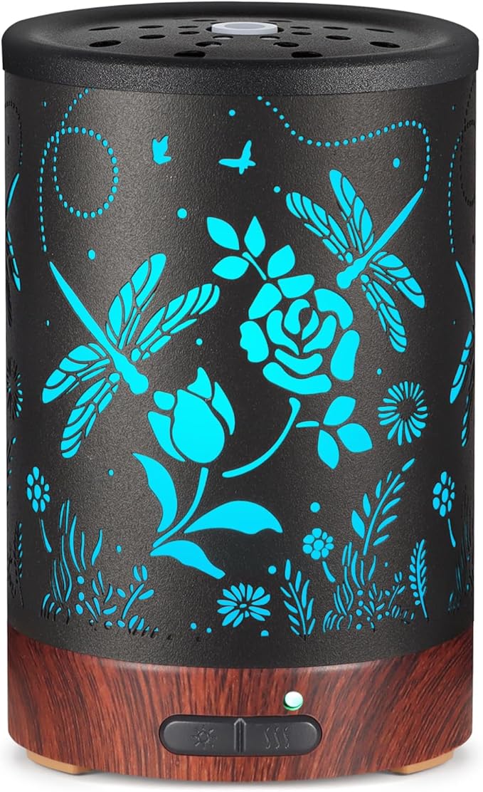 Essential Oil Diffuser- Aromatherapy Diffuser with7 Colors Light, and Auto-Off - Metal Cool Mist Humidifier for Home and Office（Roses + Dragonflies）…