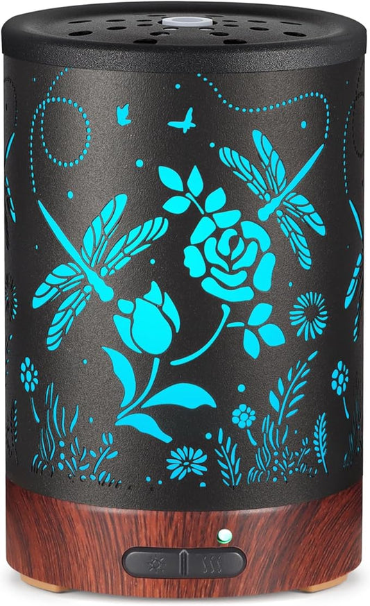 Essential Oil Diffuser- Aromatherapy Diffuser with7 Colors Light, and Auto-Off - Metal Cool Mist Humidifier for Home and Office（Roses + Dragonflies）…