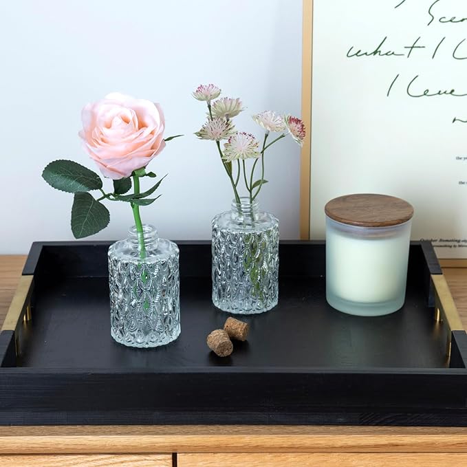 MyGift Small Clear Glass Reed Diffuser Bottles, Vintage Embossed Apothecary Style Flower Bud Vases with Cork Lids, Set of 2