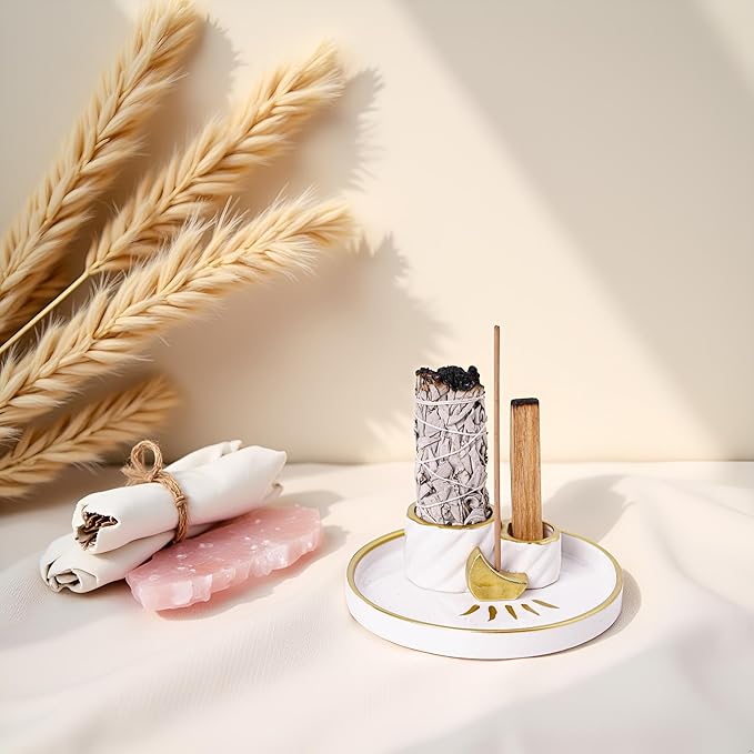 Ceramic Incense Holder Burner, Sage Holder for Burning, Palo Santo Sticks Holder, 5.51" Ash Catch Tray, Smudge Dish for Meditation Yoga, Modern Home Decor Gift