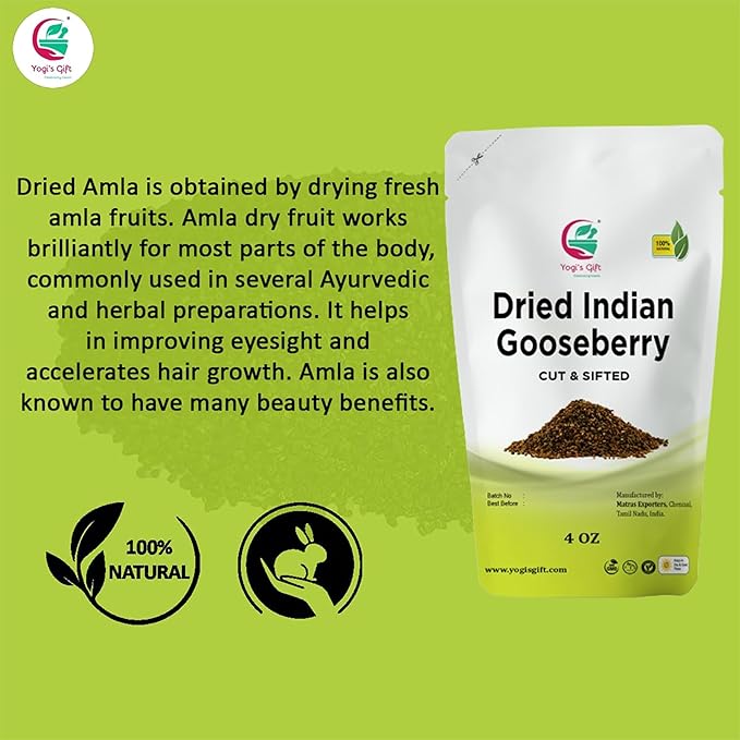 Dried Amla/Gooseberry Cut & Sifted 4 oz | Rich in Vitamin C, Fibre | Phyllanthus emblica | by Yogi's Gift®