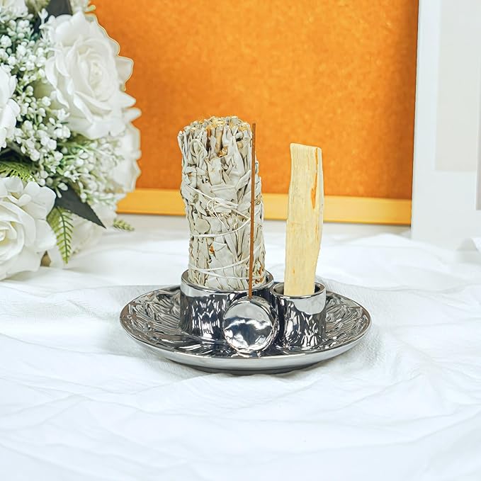 4 in 1 Incense Holder, Ceramic Incense Stick and Palo Santo Holder,Sage Holder for Burning- 5.5" Ceramic Ash Catcher Tray for Meditation and Yoga Room (Silver)