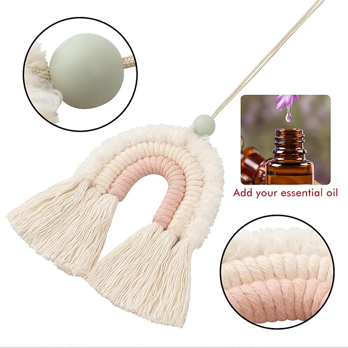 BOHO GARDEN Macrame Rainbow Charm - Essential Oil Diffuser for Cars, Baby Nursery, Children's Bedroom & Home Decor - Colorful Decorative Hanging Air Freshener & Accessories - 3x3.5 - Soft Pink