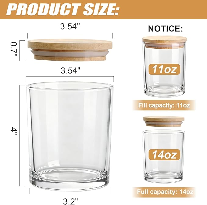 14 oz Glass Candle Jars, 6-Pack 2/3 Wick Candle Jars for Making Candles, Empty Thick Glass Wide-Mouth Jars with Bamboo Lids & Wick Kits, Candle Containers Bulk - Clear