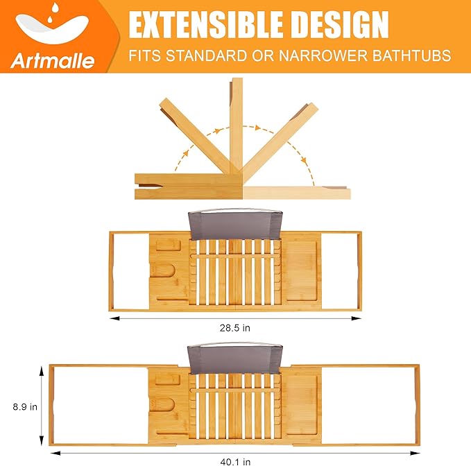 Artmalle Luxury Bathtub Caddy Tray for Tub - Foldable Bamboo Bath Table Tray with Book and Wine Glass Holder, Expandable Bathroom Accessories for Spa or Reading Lite Style