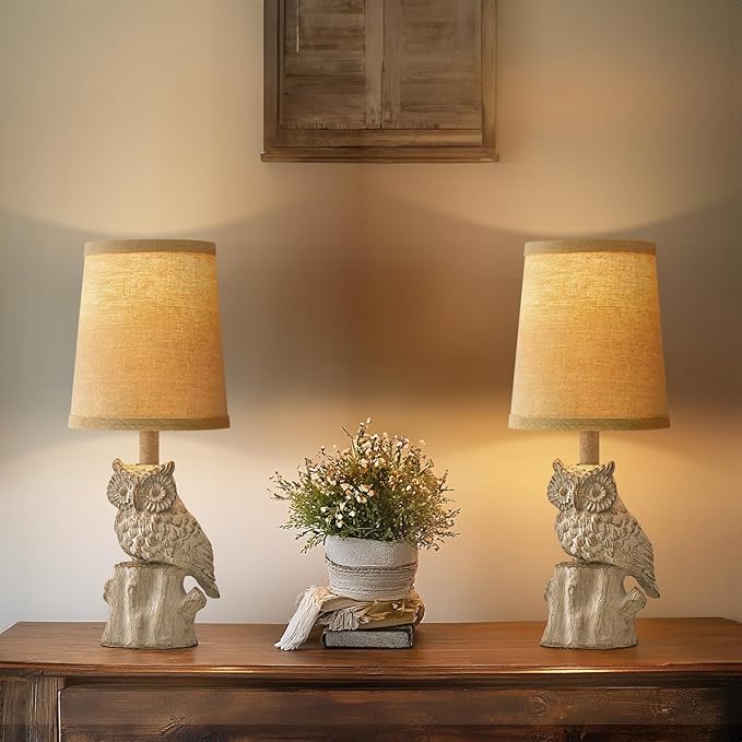 14.25" Small Table Lamps Set of 2 Owl Lamps for Home Decor Rustic Farmhouse Vintage Bedside Table Resin Retro Nightstand, White