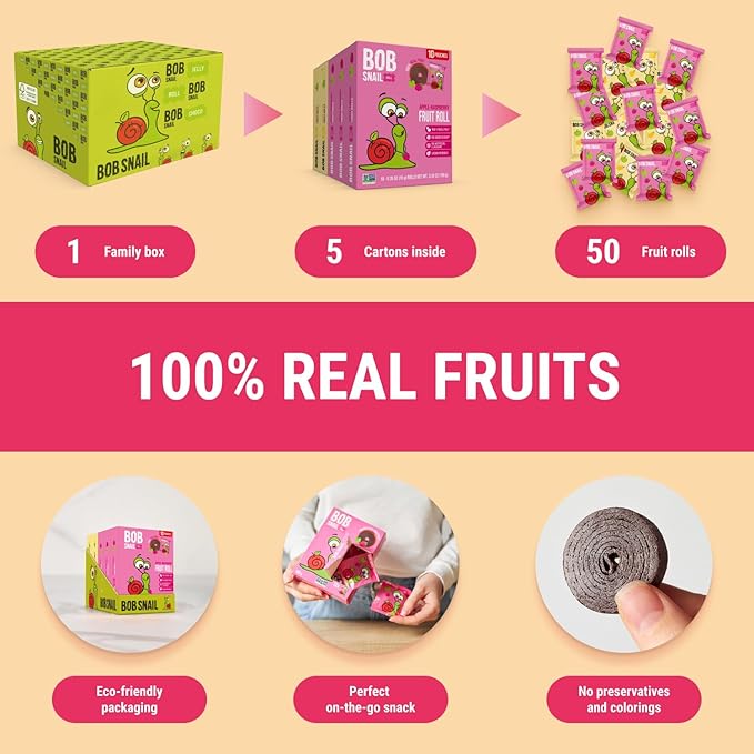 Bob Snail Exotic Mix Fruit Roll Ups – Healthy Sweets, Real Dried Fruits Snacks, No Added Sugar, Vegan, Nut Free, Candy for Adults and Kids – Pear and Raspberry Flavour 50 pcs, 500g