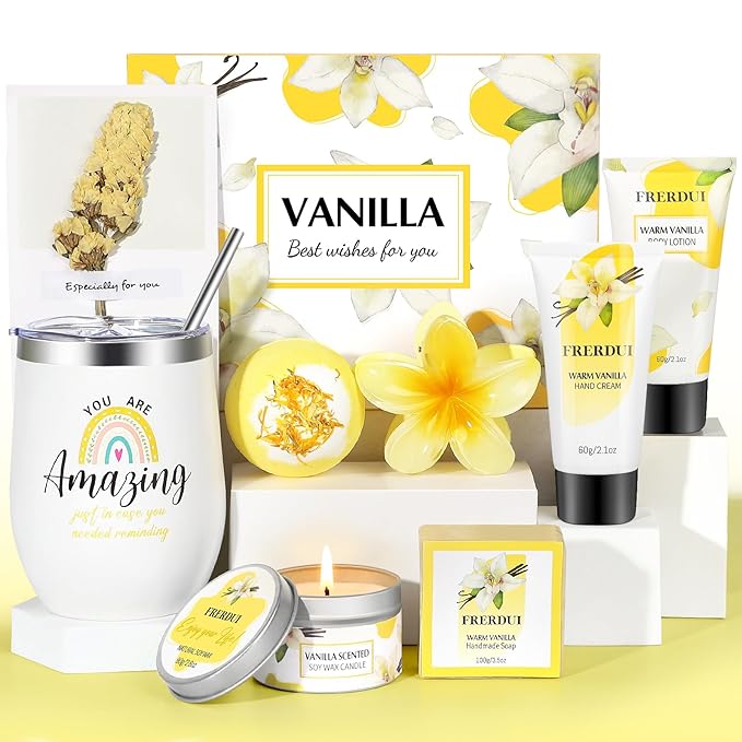 Birthday Gifts for Women, Relaxing Spa Gift Baskets for Women, Warm Vanilla Self Care Bath and Body Gift Set Care Package for Her Wife Mom Female Friends Bestie Sister Mother's Day Gifts