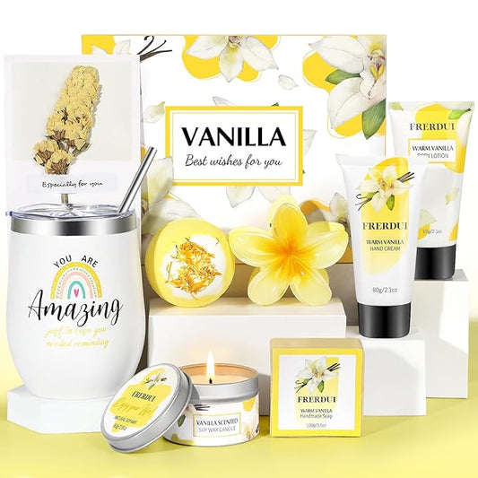 Birthday Gifts for Women, Relaxing Spa Gift Baskets for Women, Warm Vanilla Self Care Bath and Body Gift Set Care Package for Her Wife Mom Female Friends Bestie Sister Mother's Day Gifts