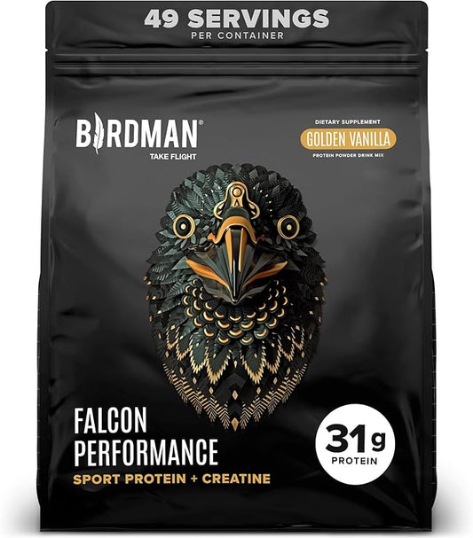 BIRDMAN Falcon Performance Vegan Protein Powder, 31g Protein, 5g Creatine, 5g BCAA, Probiotics, Electrolytes, Pre Workout, Low Carb, Sugar Free & Dairy Free, Plant Based Vanilla Protein - 49 Servings