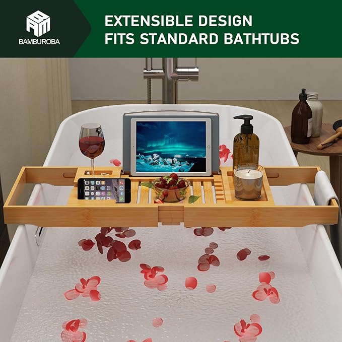 Foldable Bamboo Bathtub Caddy Tray Expandable for Luxury Bath, Bath Accessories & Table with Wine Glass Holder, Book Stand Bathroom Organizer with Extending Sides for Men/Women