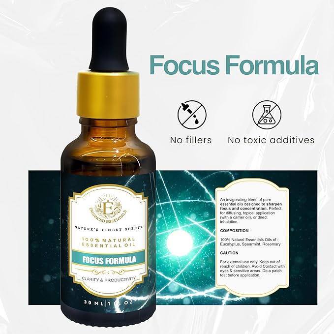 Essential Oil Blend for Focus & Clarity by Enhanced Essentials |100% Pure, Slow-Distilled Aromatherapy for Concentration, Study, Work & Mental Sharpness – 1 fl oz (30 ml)