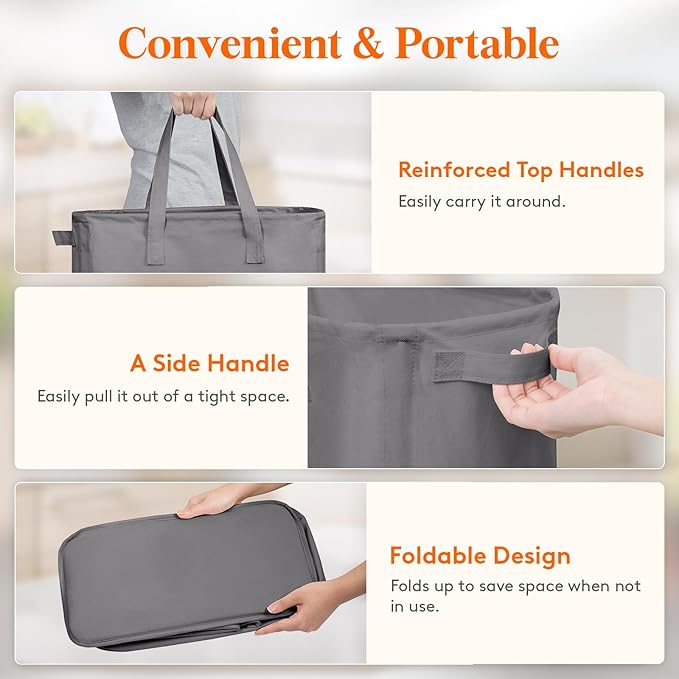 Lifewit 2 Pack Slim Laundry Hamper, Collapsible Narrow Laundry Basket, Small Tall Dirty Clothes Hampers with Handles for Bathroom Bedroom College Dorm, Grey, 50L