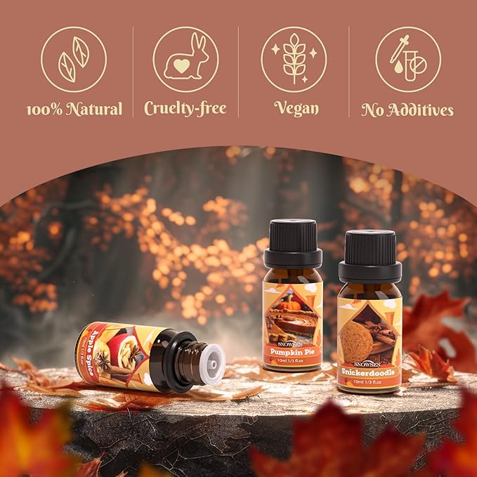 Autumn Essential Oil Set, Fragrance Oil Set for Diffuser, Soap & Candle Making, Humidifiers - Apple Spice, Pumpkin Pie, Pine, Cinnamon, Vanilla, Snickerdoodle Scents Oils for Home Care 6x10ml
