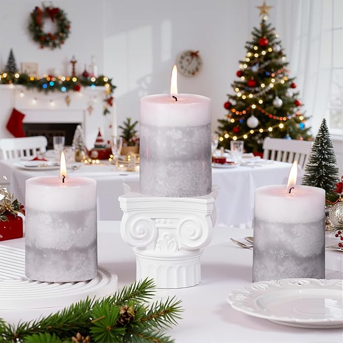KONNI Gray Layered Pillar Candles Set of 3, 3"x 4" Unscented Pillar Candles Bulk, 39 Hours Long Burning Candles, Smokeless & Dripless Round Candle for Wedding, Home Decoration, Party, Spa, Dinner