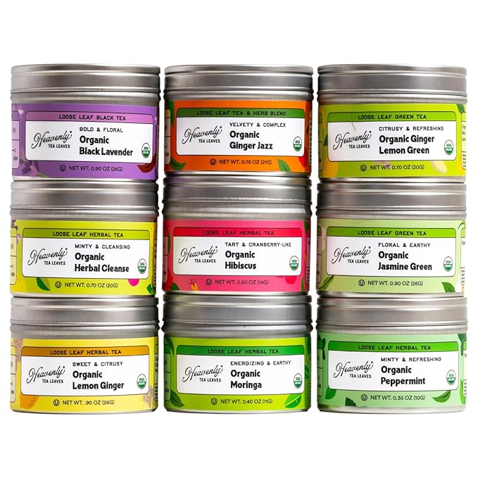 Heavenly Tea Leaves Organic Wellness Tea Sampler (Approx. 90 Cups of Tea), 9 Assorted Loose Leaf Teas & Herbal Tisanes - Great Hot or Iced, High & No Caffeine Teas, Gift Ideas for Her