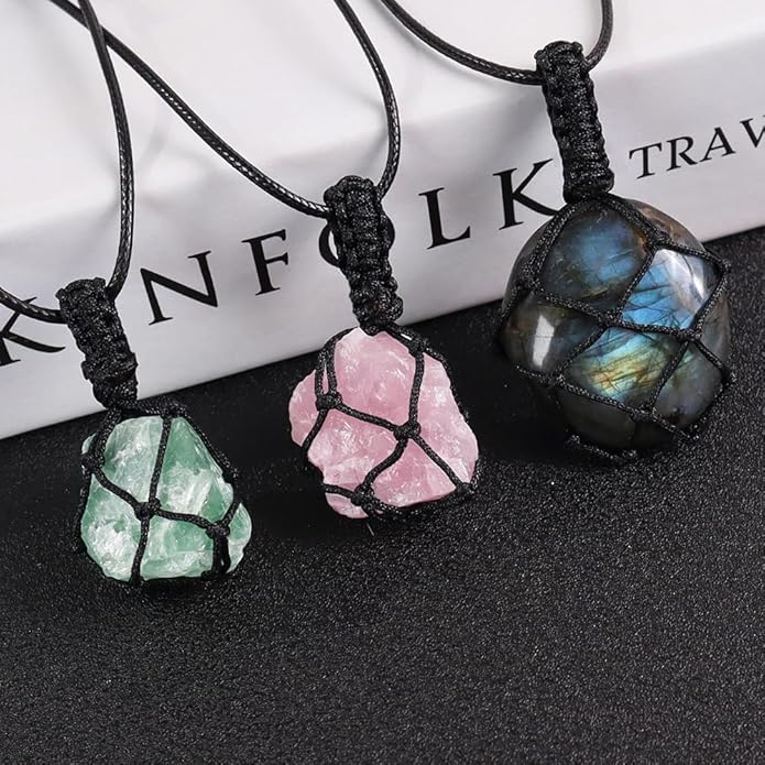 Handmade Natural Gemstone Crystal Pendant Necklace Stone Holder Necklace Cord Net Necklace with Adjustable Length for Women Men
