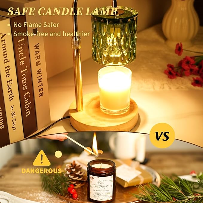 Candle Warmer Lamp with Timer and Dimmable, Electric Wax Melt Candle Warmers Height Adjustable with 2 Bulbs, Birthday Gifts for Women House Warming, Modern Home Decor for Scented Jar Candles(Green)