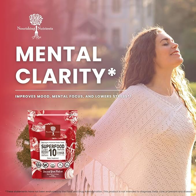 Organic Mushroom Powder Extract -Superfood 10 Supplement 14x Stronger 100% Pure USDA Immunity Booster- Reishi, Chaga, Cordyceps, Shiitake, Lions Mane, Turkey Tail and More. Add to Coffee/Tea 60 Grams