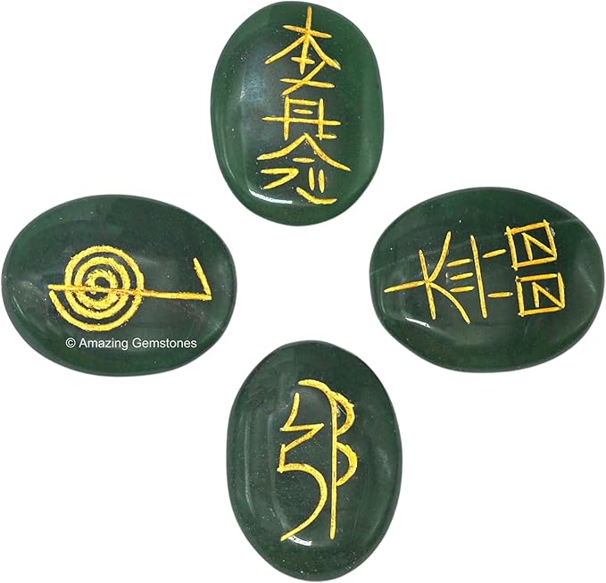 Amazing Gemstone Green Aventurine Crystal Reiki Stones with Engraved Symbols for Usui Reiki Healing, Set of 4 Pcs (Indian Handmade Reiki Gift Set)
