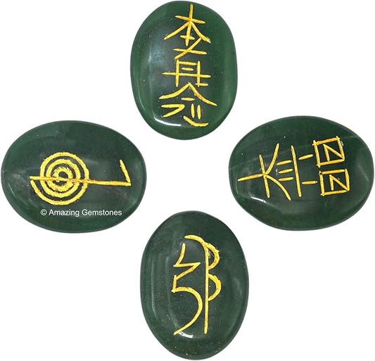 Amazing Gemstone Green Aventurine Crystal Reiki Stones with Engraved Symbols for Usui Reiki Healing, Set of 4 Pcs (Indian Handmade Reiki Gift Set)