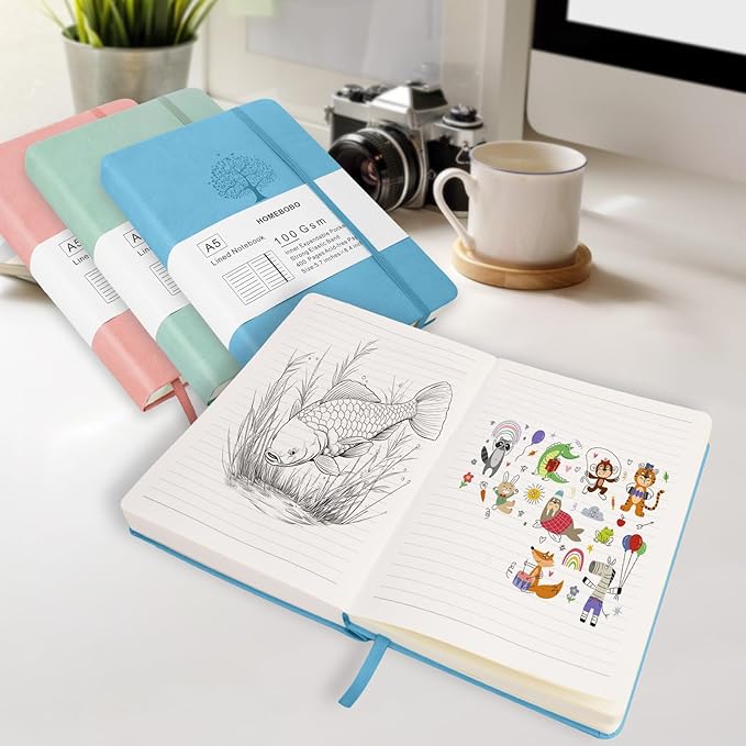 Journals for Writing, A5 Leather Ruled Notebook with 400 Pages, 100 Gms College Ruled Journal with Thick Paper, Hardcover with Inner Pocket & Pen Holder, Sky Blue