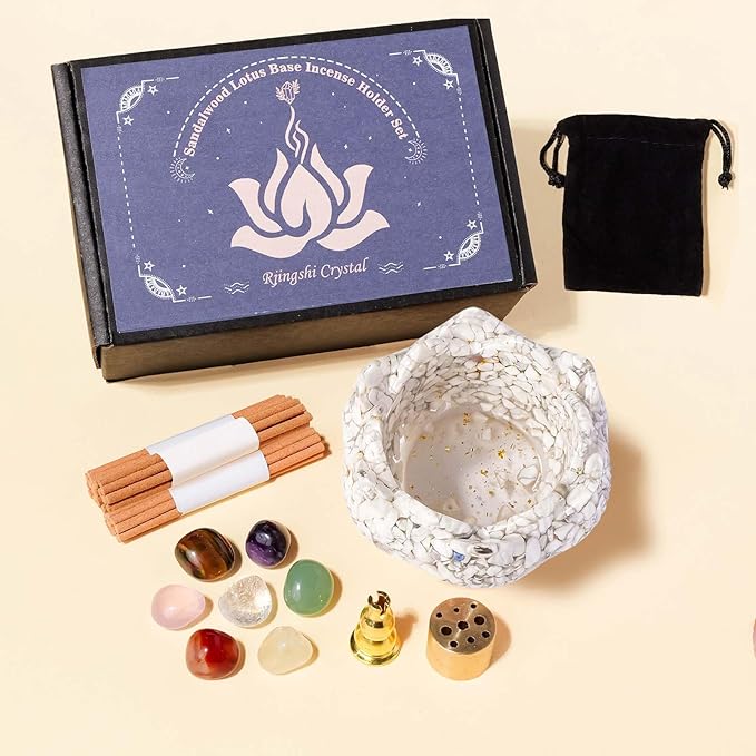 Incense Burner Resin Crystal Lotus Flower Incense Holder for Inserting Incense Removable Ash Collector for Meditation Room and Home Decor (White Turquoise, 3.15")