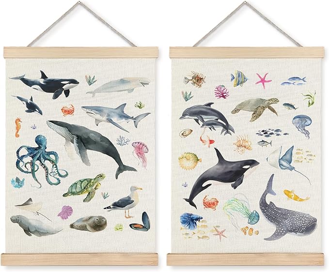 Exqcom Ocean Nursery Decor, Coastal Beach Sea Animal Wall Art Poster, Under the Sea Shark Whale Octopus Turtle Ocean Marine Life Posters for Kids Room Nursery Playroom Classroom, 12x16 Inches Set of 2
