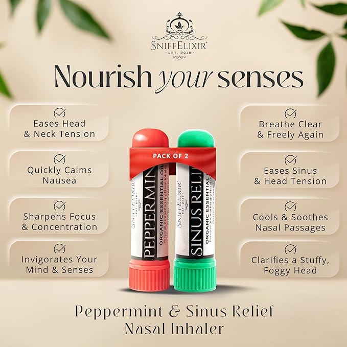 2 Pack Peppermint Inhaler Plus Sinus Nasal Inhaler – Aromatherapy Sticks for Sinus Pressure, Nausea Inhaler, Migraine Stick & Motion Sickness – Portable Essential Oil Inhalers for Adults