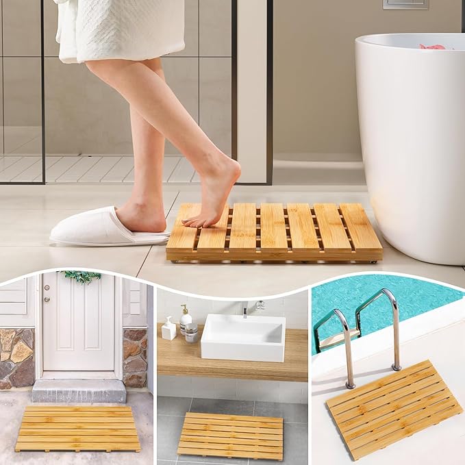 Domax Wooden Bamboo Bath Shower Mat- Non-Slip Waterproof Large Bathroom Floor Mat for Indoor Outdoor (Natural, 31.3 x 18.1 x 1.5 Inches)