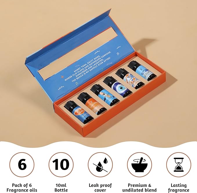Folkulture Essential Oils for Home | Set of 6 (0.34 fl oz x 6) Beach Diffuser Oil for Relaxation | Coconut Essential Oil for Meditation | Aqua, Oud, Orange Zest Essential Oils for Women