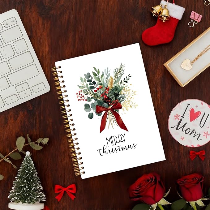 Exqcom Christmas Eucalyptus Holly Spiral Notebook Gifts, Coquette Red Bow Berries Botanical Plant Journal for Women, Merry Christmas Hardcover Notebook Journal Office School Supplies, 5.5x8.3 Inch