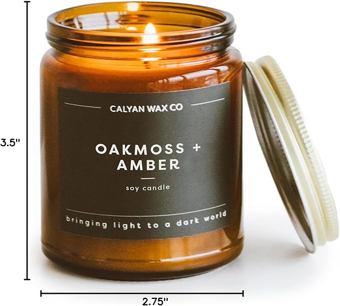Calyan Wax Co. Soy Wax Candle, Oakmoss + Amber Scented Candle, 57 Hour Burn Time, Aromatherapy Soy Candles, Non Toxic & Vegan Soy Wax, Amber Glass Jar Scented Candles, 7.2oz