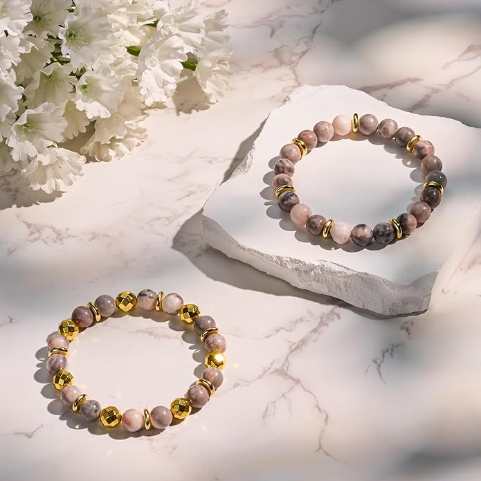 Bivei Natural Gemstone Semi Precious Healing Crystals Handmade Stretchy Round Beads Bracelet, Enhance Positive Energy