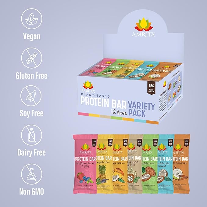 Amrita Nut Free Variety Pack Vegan Protein Bars (12 Count PK of 3) | 11g to 12g Plant-Based Protein Bar | Peanut Free, Gluten Free, and Dairy Free | Low Sugar, High Fiber, Healthy School-Safe Snacks