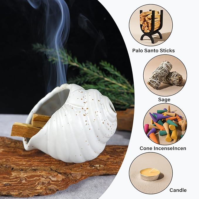 Ceramic Conch Palo Santo Burner Holder - Mini Chiminea Incense Chimney, for Smudging Sage/Cones、Perfect for Meditation Altar & Witchcraft Supplies, Ideal Spiritual Decor & Gift for Zen Spaces