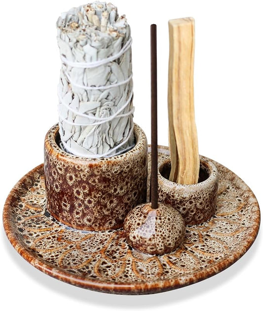 Palo Santo Sticks Holder, Multi-Purpose Handmade Ceramic Incense Burner for Palo Santo Incense Sticks, Sage Holder for Burning, Ash Catcher Tray for Meditation Yoga Room-Brown White