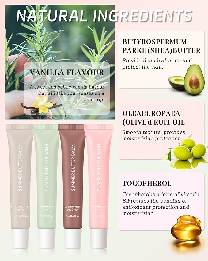 Hydrating Tint Lip Balm Summer Butter Kit, Vanilla Clear Sheer Beige Brown Pink Sugar Glossy Lip Gloss,Moisturizing Non-Sticky Jelly Lip Moisturizer,Glow Reviver Lip Care Oil,Gift for Women-Set D