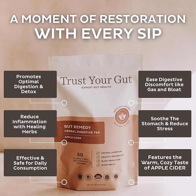 Trust Your Gut Organic Herbal Tea Blend with Lemon Balm, Holy Basil, Dandelion, Ginger Root – Liver Detox, Digestion & Gut Health Support, Gas Bloating Relief – Apple Cider, 30 Bags