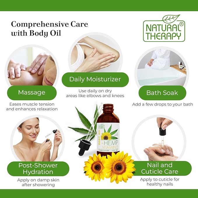 Natural Therapy Hemp & Vitamin E Body Oil – Moisturizing Body Oil – Hydrate & Soften Skin – Increase Skin Elasticity and Provide Anti-Aging Support (4 Fl.Oz)